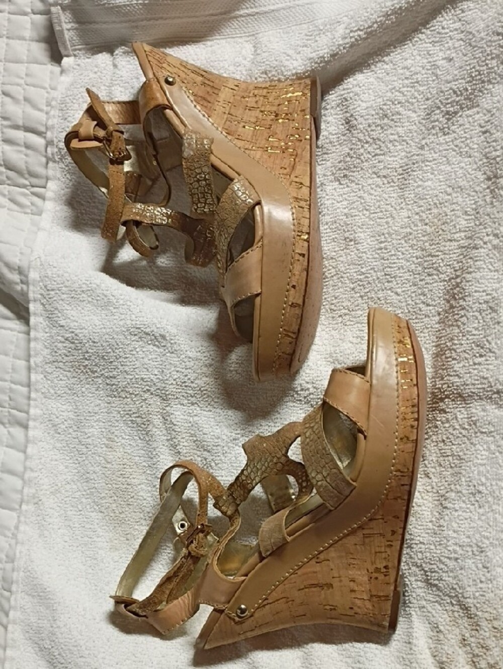 Guess Tan Cork Wedge Sandals with Strappy Ankle Wrap - Picture 2 of 7
